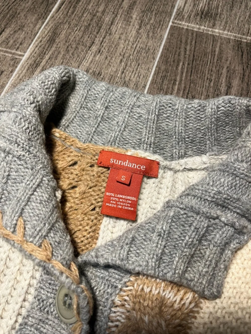Sundance Patchwork Knit Duster Sweater Gray Tan Cream Lambswool Womens Small - Picture 5 of 8
